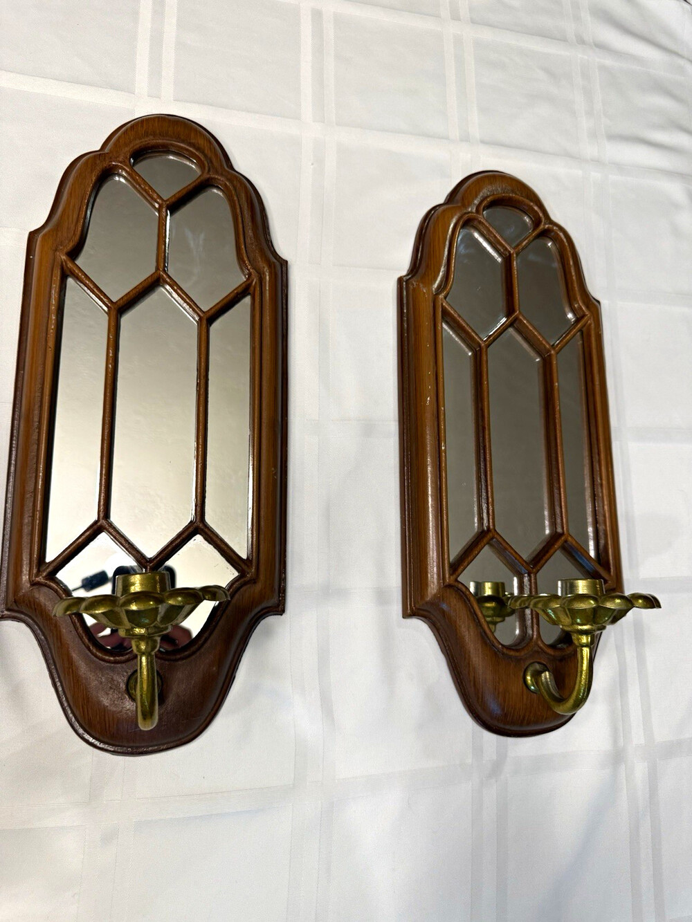 Vintage MCM Metal Mirrored Candle Wall Sconces Faux Wood Sexton HODA Pair